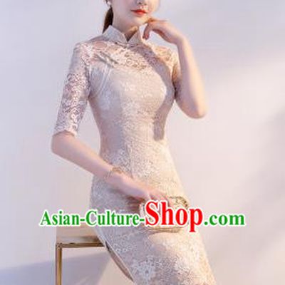 Chinese Traditional Mandarin Qipao Dress National Costume Pink Lace Short Cheongsam for Women