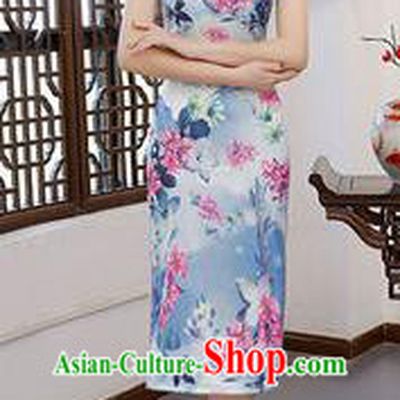 Chinese Traditional Blue Silk Mandarin Qipao Dress National Costume Printing Flowers Short Cheongsam for Women