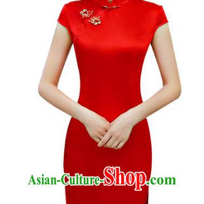 Chinese Traditional Red Silk Mandarin Qipao Dress National Costume Wedding Short Cheongsam for Women