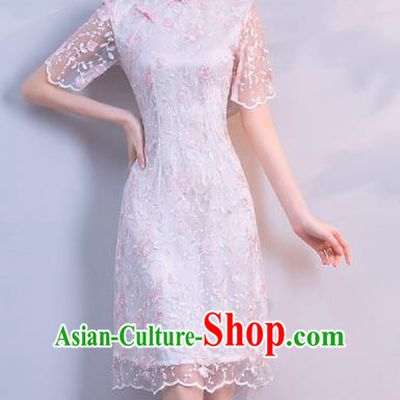 Chinese Traditional White Embroidered Mandarin Qipao Dress National Costume Short Cheongsam for Women