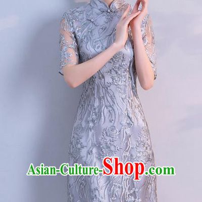 Chinese Traditional Blue Embroidered Mandarin Qipao Dress National Costume Short Cheongsam for Women