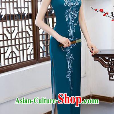 Chinese Traditional Chrysanthemum Pattern Mandarin Qipao Dress National Costume Atrovirens Cheongsam for Women