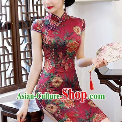 Chinese Traditional Mandarin Qipao Dress National Costume Printing Peony Purplish Red Cheongsam for Women