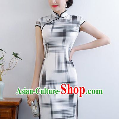 Chinese Traditional Mandarin Qipao Dress National Costume Printing White Silk Cheongsam for Women