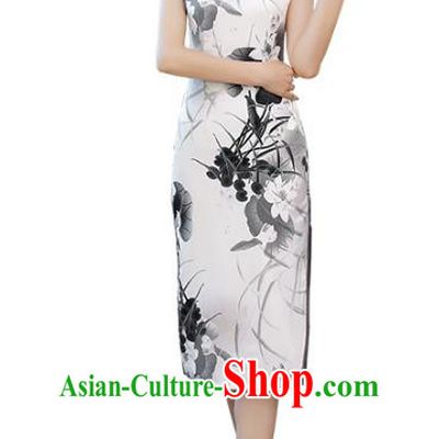 Chinese Traditional Mandarin Qipao Dress National Costume Ink Painting Lotus Silk Cheongsam for Women
