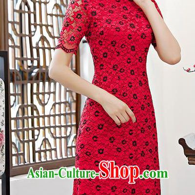 Chinese Traditional Mandarin Qipao Dress National Costume Red Lace Cheongsam for Women