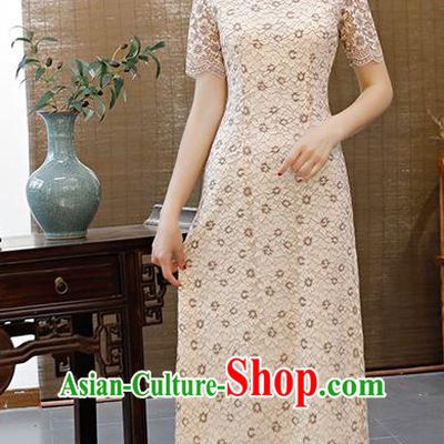 Chinese Traditional Mandarin Qipao Dress National Costume Beige Lace Cheongsam for Women