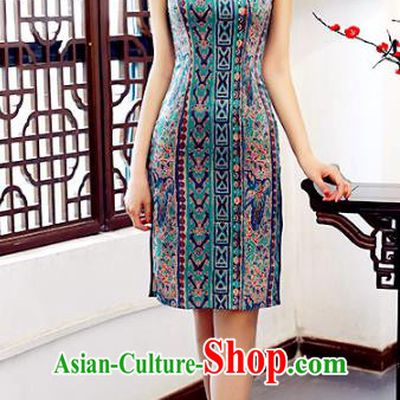Chinese Traditional Printing Mandarin Qipao Dress National Costume Green Silk Short Cheongsam for Women