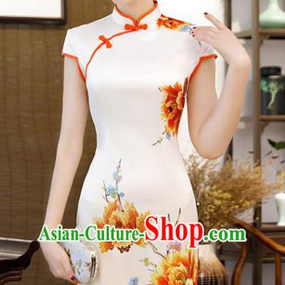 Chinese Traditional Printing Peony Mandarin Qipao Dress National Costume White Silk Short Cheongsam for Women
