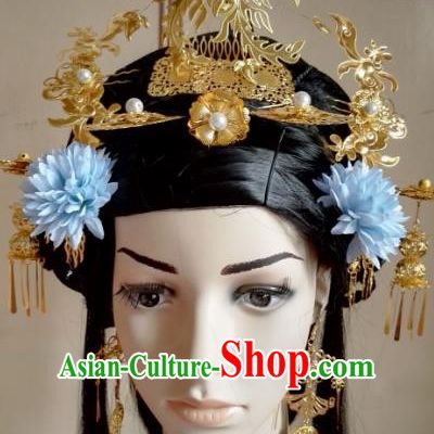 Traditional Chinese Ancient Palace Lady Hair Accessories Golden Phoenix Coronet Hairpins Complete Set for Women