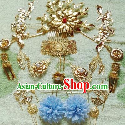 Traditional Chinese Ancient Palace Lady Hair Accessories Golden Hairpins Complete Set for Women