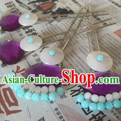 Traditional Chinese Ancient Palace Lady Hair Accessories Hairpins Blue Beads Tassel Step Shake for Women