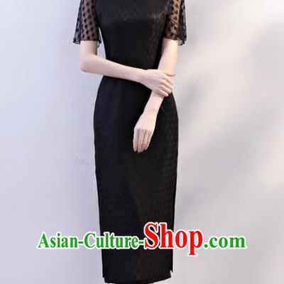 Chinese Traditional Tang Suit Qipao Dress National Costume Black Mandarin Cheongsam for Women