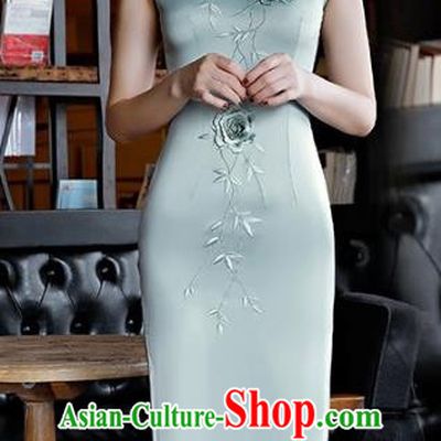 Chinese Traditional Tang Suit Embroidered Qipao Dress National Costume Light Blue Silk Mandarin Cheongsam for Women