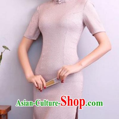 Chinese Traditional Tang Suit Pink Linen Qipao Dress National Costume Mandarin Cheongsam for Women