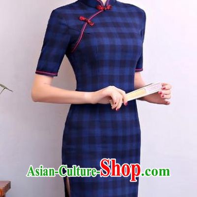 Chinese Traditional Tang Suit Navy Linen Qipao Dress National Costume Mandarin Cheongsam for Women