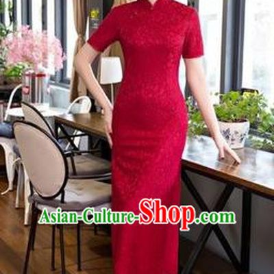 Chinese Traditional Tang Suit Red Lace Qipao Dress National Costume Mandarin Cheongsam for Women