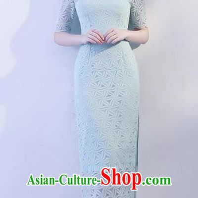 Chinese Traditional Tang Suit Green Lace Long Qipao Dress National Costume Mandarin Cheongsam for Women