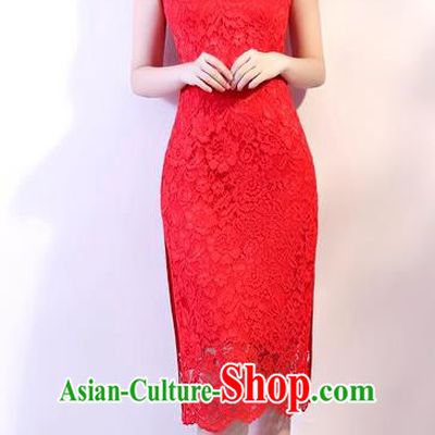 Chinese Traditional Tang Suit Red Embroidered Lace Qipao Dress National Costume Mandarin Cheongsam for Women