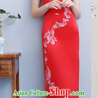 Chinese Traditional Tang Suit Printing Peach Blossom Qipao Dress National Costume Red Silk Mandarin Cheongsam for Women