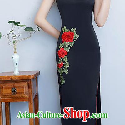 Chinese Traditional Tang Suit Embroidered Peony Qipao Dress National Costume Black Silk Mandarin Cheongsam for Women