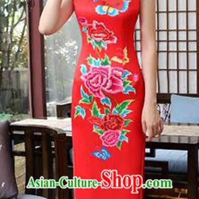 Chinese Traditional Tang Suit Printing Peony Butterfly Qipao Dress National Costume Red Silk Mandarin Cheongsam for Women