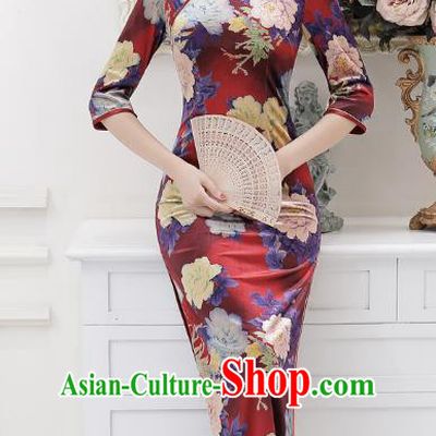Chinese Traditional Tang Suit Printing Qipao Dress National Costume Retro Long Mandarin Cheongsam for Women