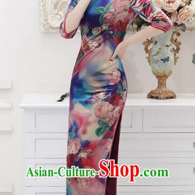 Chinese Traditional Tang Suit Qipao Dress National Costume Retro Printing Mandarin Cheongsam for Women