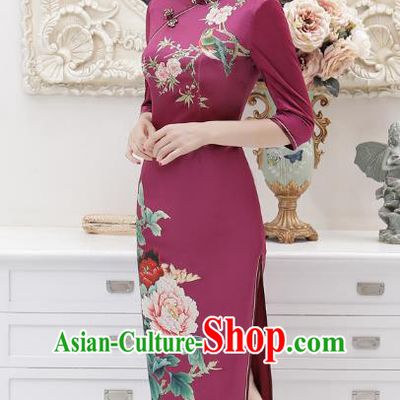 Chinese Traditional Tang Suit Purple Silk Qipao Dress National Costume Retro Printing Mandarin Cheongsam for Women