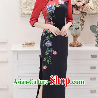 Chinese Traditional Tang Suit Qipao Dress National Costume Retro Printing Peony Mandarin Cheongsam for Women