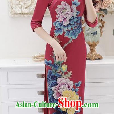 Chinese Traditional Tang Suit Qipao Dress National Costume Retro Printing Peony Mandarin Cheongsam for Women