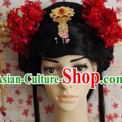 Traditional Chinese Ancient Princess Hair Accessories Red Flowers Hairpins Complete Set for Women