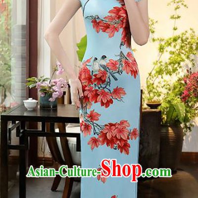 Chinese Traditional Printing Maple Leaf Mandarin Qipao Dress National Costume Tang Suit Blue Cheongsam for Women