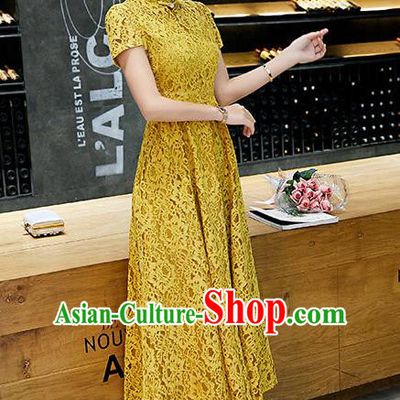 Chinese Traditional Yellow Lace Qipao Dress National Costume Tang Suit Mandarin Cheongsam for Women