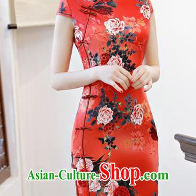 Chinese Traditional Printing Peony Red Qipao Dress National Costume Tang Suit Mandarin Cheongsam for Women