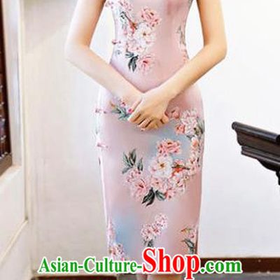 Chinese Traditional Printing Peony Pink Qipao Dress National Costume Tang Suit Mandarin Cheongsam for Women