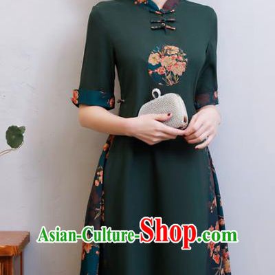Chinese Traditional Green Qipao Dress National Costume Tang Suit Mandarin Cheongsam for Women