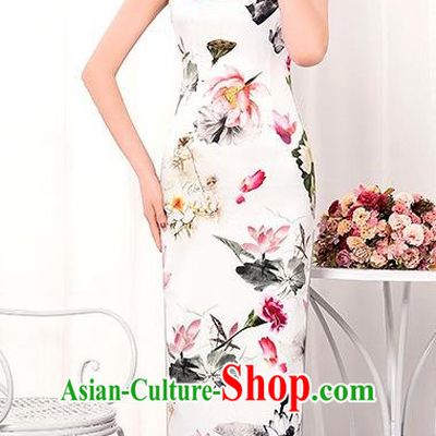Chinese Traditional Tang Suit Qipao Dress National Costume Printing Lotus White Mandarin Cheongsam for Women