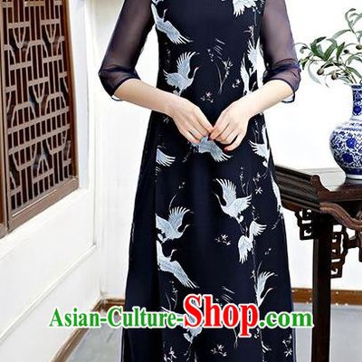Chinese Traditional Tang Suit Qipao Dress National Costume Printing Cranes Navy Mandarin Cheongsam for Women