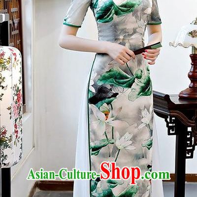 Chinese Traditional Tang Suit Qipao Dress National Costume Printing Lotus Green Mandarin Cheongsam for Women