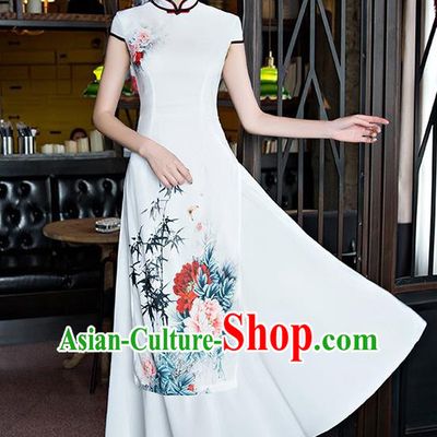 Chinese Traditional Tang Suit Qipao Dress National Costume Printing Peony White Mandarin Cheongsam for Women