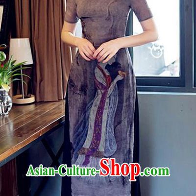 Chinese Traditional Tang Suit Printing Qipao Dress National Costume Mandarin Cheongsam for Women