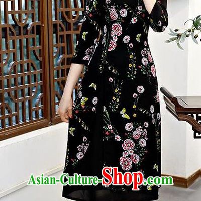 Chinese Traditional Tang Suit Black Qipao Dress National Costume Chiffon Mandarin Cheongsam for Women