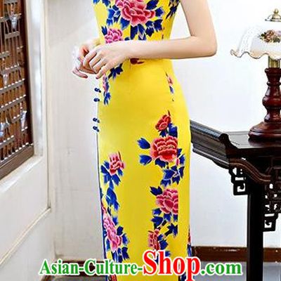 Chinese Traditional Tang Suit Yellow Silk Qipao Dress National Costume Printing Peony Mandarin Cheongsam for Women