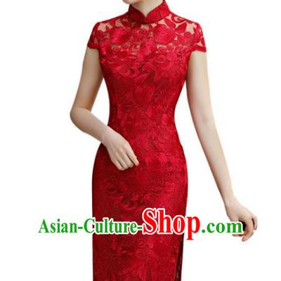 Chinese Traditional Tang Suit Red Lace Qipao Dress National Costume Mandarin Cheongsam for Women