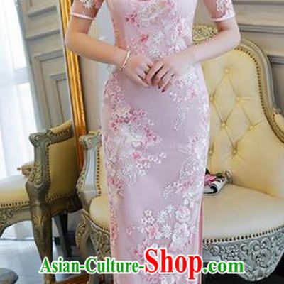 Chinese Traditional Tang Suit Embroidered Qipao Dress National Costume Pink Mandarin Cheongsam for Women