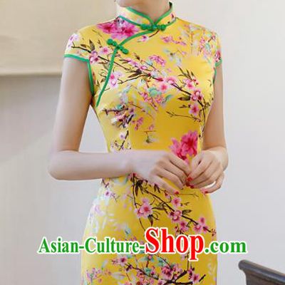 Chinese Traditional Printing Peach Blossom Qipao Dress National Costume Tang Suit Yellow Mandarin Cheongsam for Women