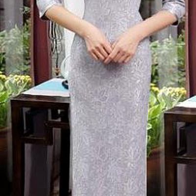 Chinese Traditional Tang Suit Qipao Dress National Costume Retro Grey Lace Mandarin Cheongsam for Women