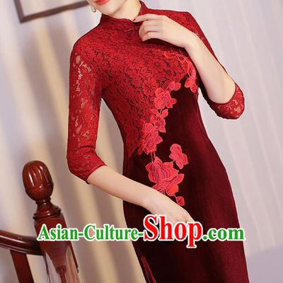 Chinese Traditional Tang Suit Embroidered Qipao Dress National Costume Retro Red Lace Mandarin Cheongsam for Women