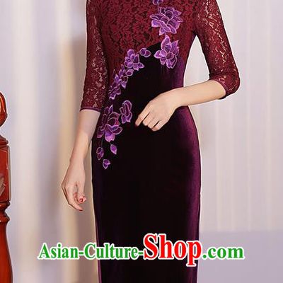 Chinese Traditional Tang Suit Embroidered Qipao Dress National Costume Retro Purple Lace Mandarin Cheongsam for Women